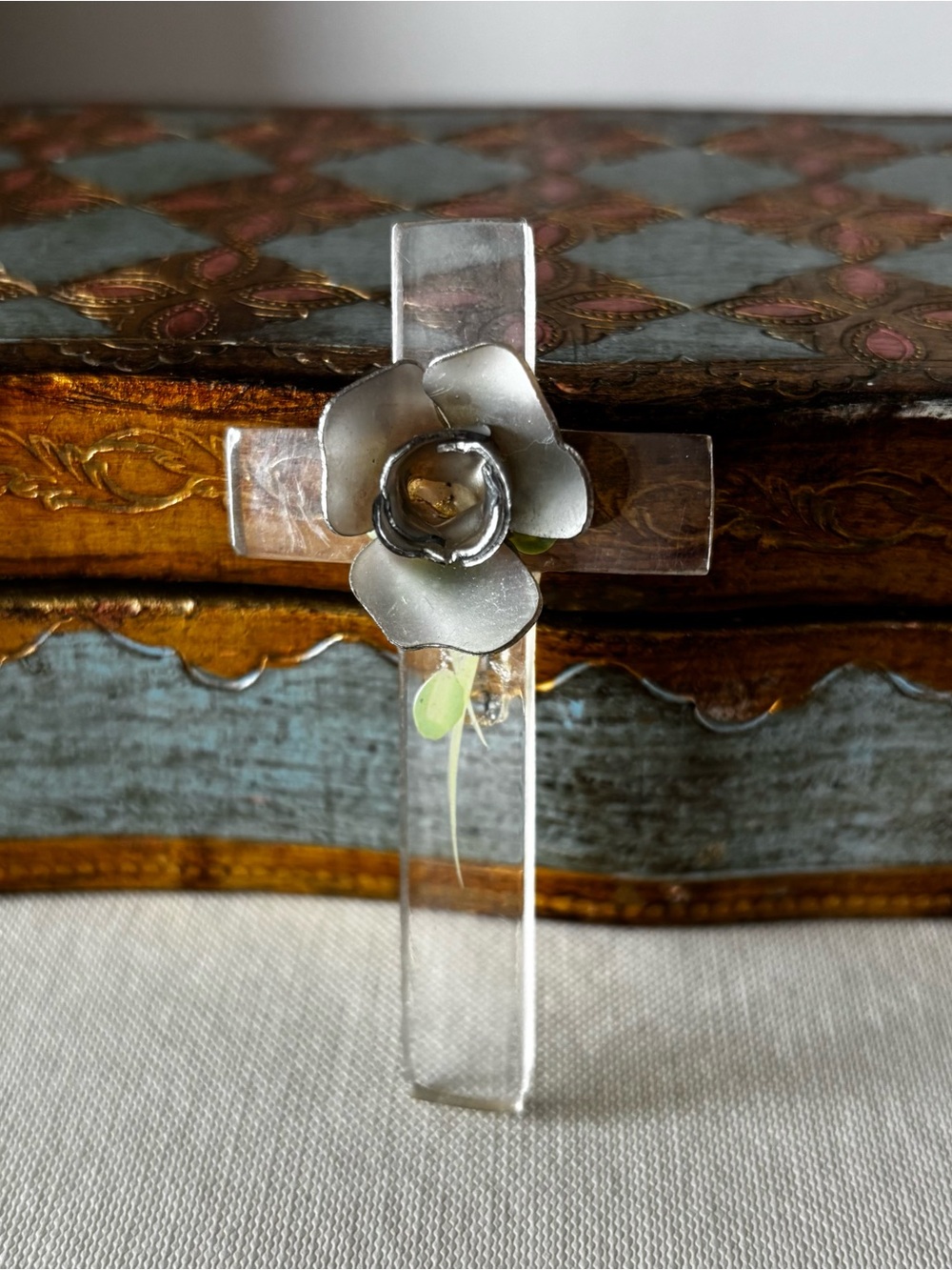 Vintage 1940s Lucite Cross and Rose Brooch